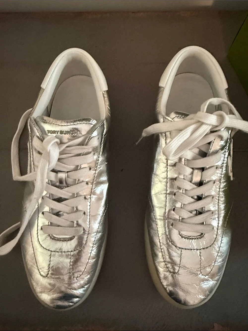 Tory Burch Silver Metallic Leather Lace-Up Sneakers